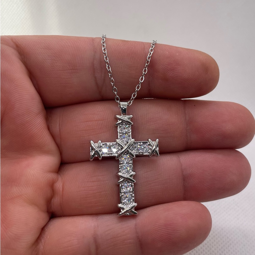 14k white gold over silver cross necklace pendant simulated lab diamonds
